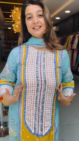 Heavy Sky Blue Muslin Cotton Kurti Set with Digital Print and Real Mirror Work  Ready To Wear Collection