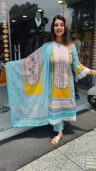 Heavy Sky Blue Muslin Cotton Kurti Set with Digital Print and Real Mirror Work  Ready To Wear Collection