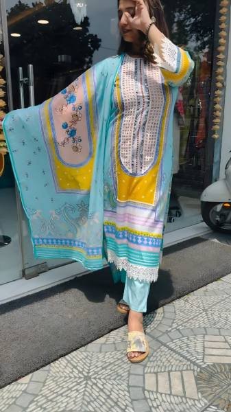 Heavy Sky Blue Muslin Cotton Kurti Set with Digital Print and Real Mirror Work  Ready To Wear Collection