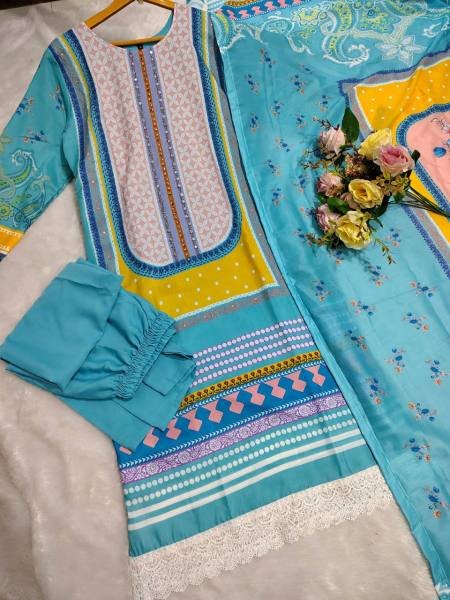 Heavy Sky Blue Muslin Cotton Kurti Set with Digital Print and Real Mirror Work  Ready To Wear Collection