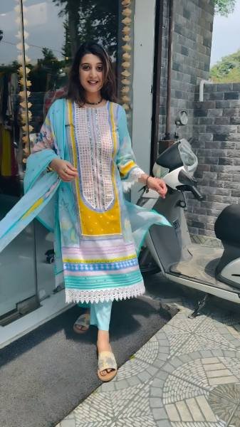 Heavy Sky Blue Muslin Cotton Kurti Set with Digital Print and Real Mirror Work  Ready To Wear Collection