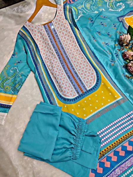 Heavy Sky Blue Muslin Cotton Kurti Set with Digital Print and Real Mirror Work  Ready To Wear Collection