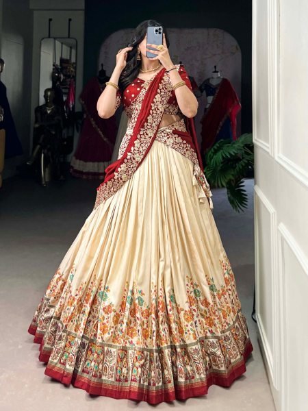 Heavy Tussar Silk Lehenga Choli With Foil Print And Embroidered Vichitra Silk Dupatta Elegant Designer Lehenga Set for Best Offer  Lehenga
