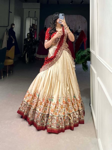 Heavy Tussar Silk Lehenga Choli With Foil Print And Embroidered Vichitra Silk Dupatta Elegant Designer Lehenga Set for Best Offer Designer Lehenga Choli