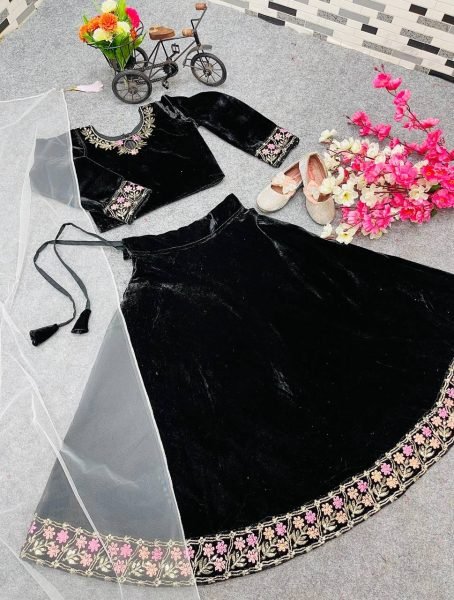 Heavy Viscose Velvet Kids Embroidery Work Lehenga Choli  Girls Wear