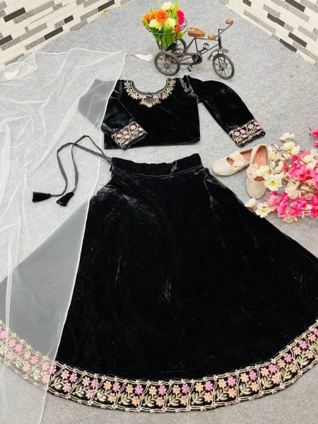 Heavy Viscose Velvet Kids Embroidery Work Lehenga Choli  Girls Wear
