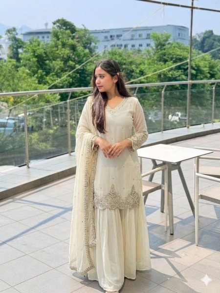 Heavy White Faux Georgette Embroidered Sharara Set with Sequence Work Ready To Wear Suit