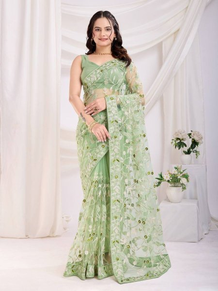Heavy Work Net Saree with Chikankari Embroidery & Contrast Pallu Wedding Season Sarees 