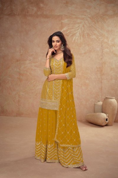 Heavy Yellow Designer Embroidery Work Chinon Fabric Palazzo Dress  Designer Plazzo Salwar Suits Wholesale