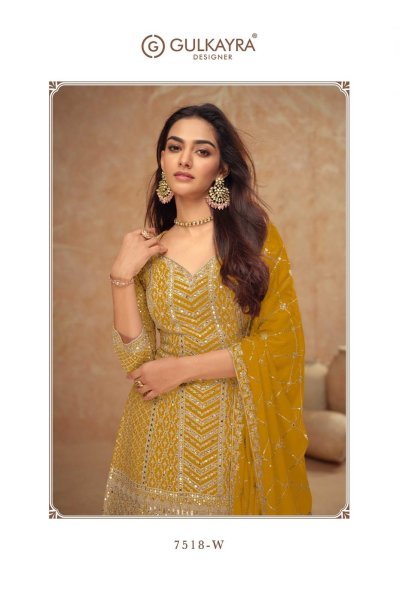 Heavy Yellow Designer Embroidery Work Chinon Fabric Palazzo Dress  Designer Plazzo Salwar Suits Wholesale