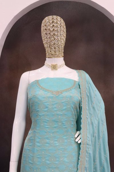 Heavywear Suit for Weddings Icy Blue Jacquard Palazzo Set with Royal Finish Designer Plazzo Salwar Suits Wholesale