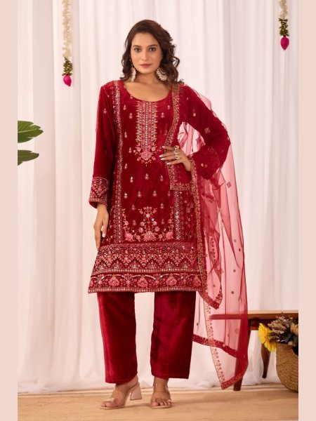 Heirloom Red  fully stitched velvet Kurti Set with Stylish Pant & Sequence Work Dupatta for functional wear  Ready To Wear Suit