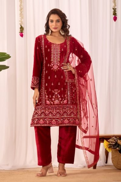 Heirloom Red  fully stitched velvet Kurti Set with Stylish Pant & Sequence Work Dupatta for functional wear  Embroidery Kurtis 