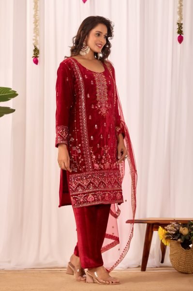 Heirloom Red  fully stitched velvet Kurti Set with Stylish Pant & Sequence Work Dupatta for functional wear  Embroidery Kurtis 