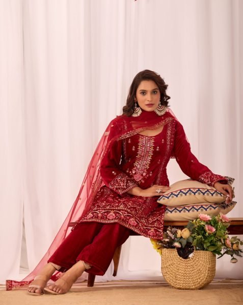Heirloom Red  fully stitched velvet Kurti Set with Stylish Pant & Sequence Work Dupatta for functional wear  Embroidery Kurtis 