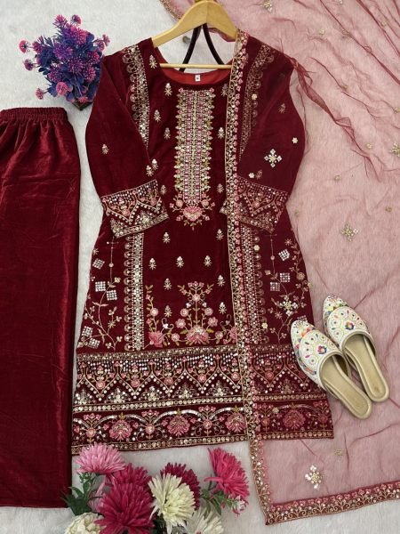 Heirloom Red  fully stitched velvet Kurti Set with Stylish Pant & Sequence Work Dupatta for functional wear  Embroidery Kurtis 