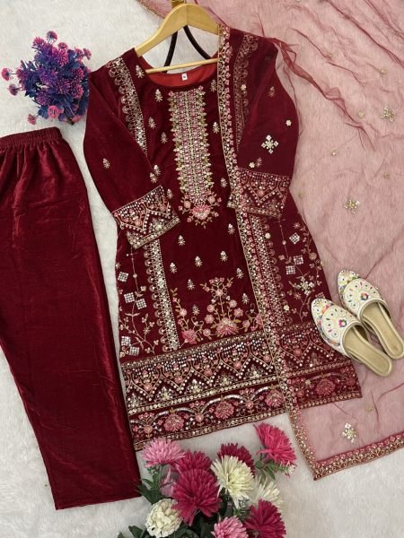 Heirloom Red  fully stitched velvet Kurti Set with Stylish Pant & Sequence Work Dupatta for functional wear  Embroidery Kurtis 