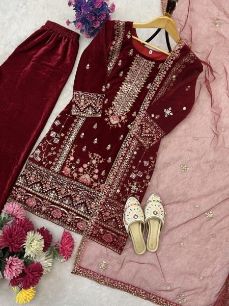 Heirloom Red  fully stitched velvet Kurti Set with Stylish Pant & Sequence Work Dupatta for functional wear  Embroidery Kurtis 