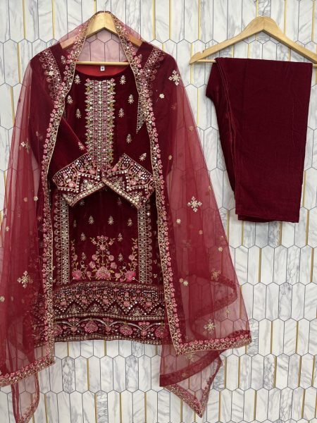 Heirloom Red  fully stitched velvet Kurti Set with Stylish Pant & Sequence Work Dupatta for functional wear  Embroidery Kurtis 
