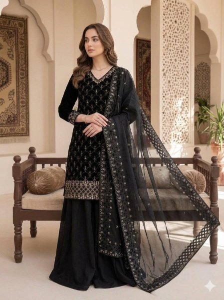 Heritage luxury Wear Black Embroidered Kurti Plazzo Set With Cut Work And Dupatta Ready To Wear Collection