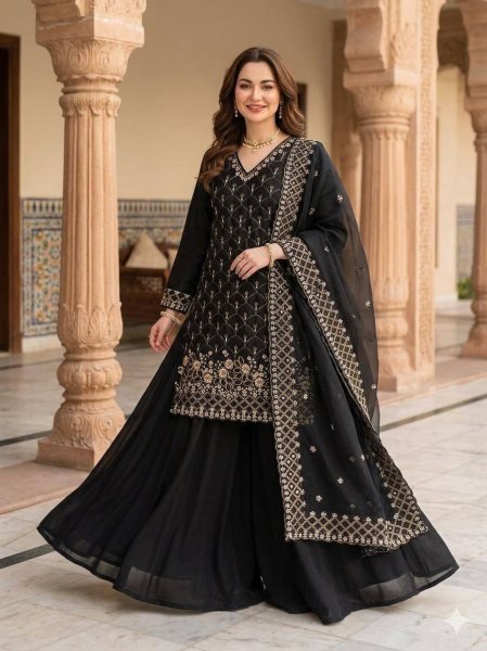 Heritage luxury Wear Black Embroidered Kurti Plazzo Set With Cut Work And Dupatta Ready To Wear Collection