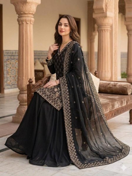 Heritage luxury Wear Black Embroidered Kurti Plazzo Set With Cut Work And Dupatta Ready To Wear Collection