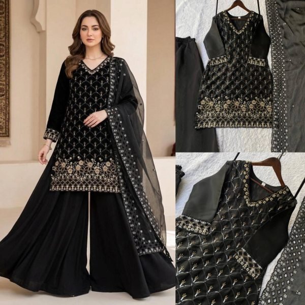 Heritage luxury Wear Black Embroidered Kurti Plazzo Set With Cut Work And Dupatta Ready To Wear Collection