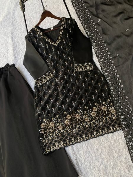 Heritage luxury Wear Black Embroidered Kurti Plazzo Set With Cut Work And Dupatta Ready To Wear Collection