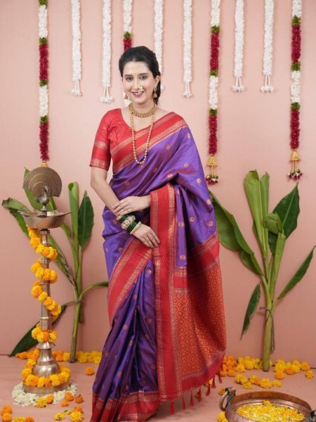 Heritage Style Purple Soft Silk Saree with Rich Pallu and Contrast Blouse South Indian Saree 