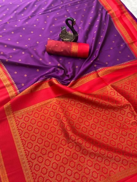 Heritage Style Purple Soft Silk Saree with Rich Pallu and Contrast Blouse South Indian Saree 