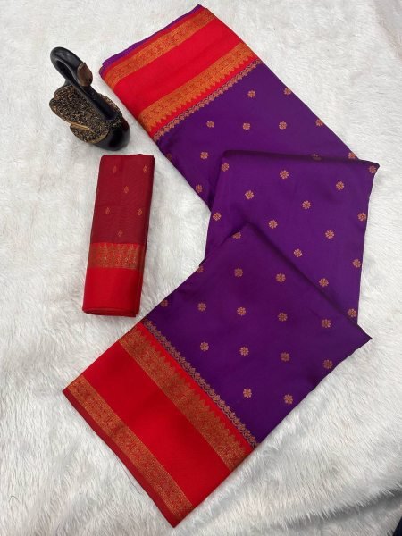Heritage Style Purple Soft Silk Saree with Rich Pallu and Contrast Blouse South Indian Saree 