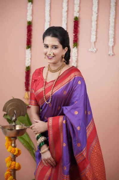 Heritage Style Purple Soft Silk Saree with Rich Pallu and Contrast Blouse South Indian Saree 