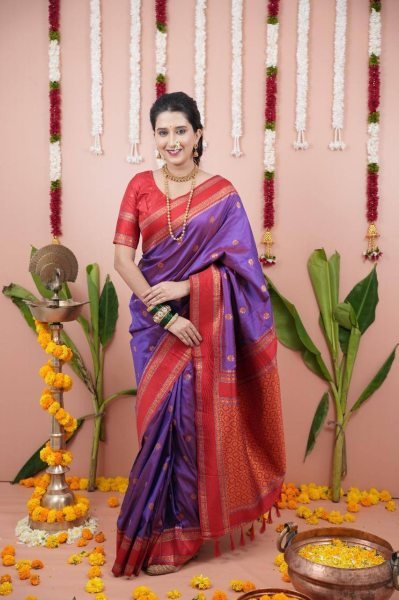 Heritage Style Purple Soft Silk Saree with Rich Pallu and Contrast Blouse South Indian Saree 
