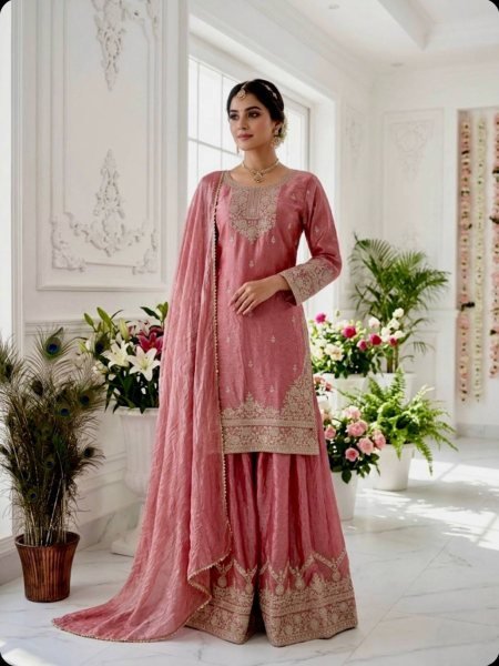 High Demand Pink Designer Palazza Suit Set for Ethnic Collection