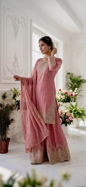 High Demand Pink Designer Palazza Suit Set for Ethnic Collection Ready To Wear Collection