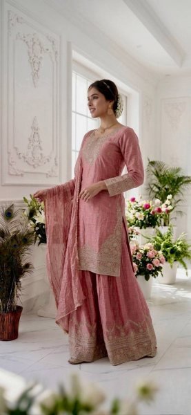 High Demand Pink Designer Palazza Suit Set for Ethnic Collection Ready To Wear Collection