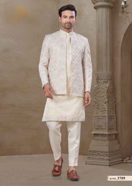 High End Occasion Wear Kurta Pajama Set with Jacket Structured Malai Silk Design for Mens Kurta Pajama Wholesale