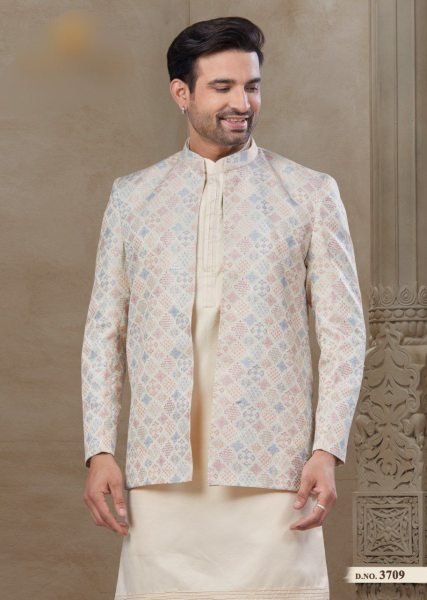 High End Occasion Wear Kurta Pajama Set with Jacket Structured Malai Silk Design for Mens Kurta Pajama Wholesale