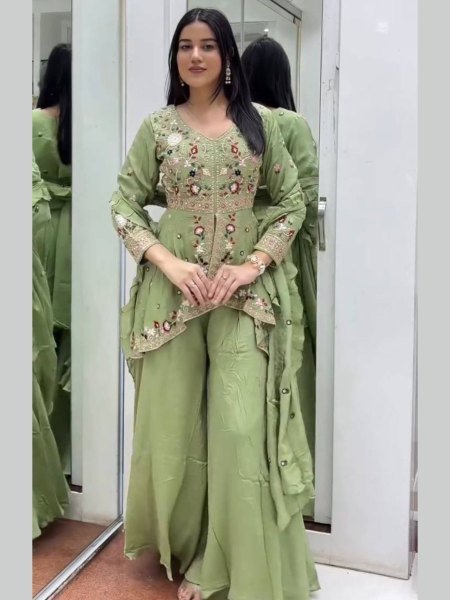 High Quality Pista Rangoli Silk Sequence Embroidered Top Pant Set with Sequence Dupatta Ready To Wear Suit