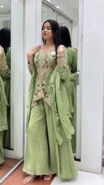 High Quality Pista Rangoli Silk Sequence Embroidered Top Pant Set with Sequence Dupatta Ready To Wear Collection