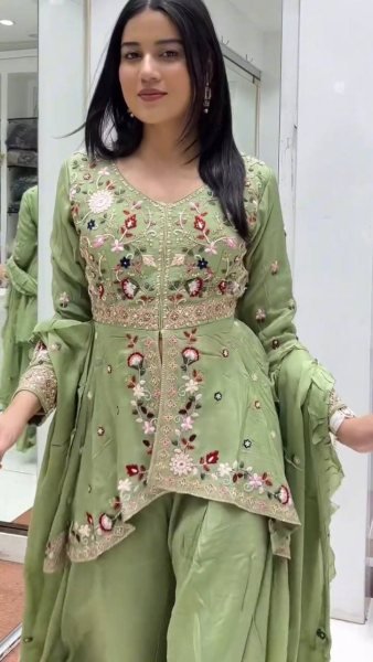 High Quality Pista Rangoli Silk Sequence Embroidered Top Pant Set with Sequence Dupatta Ready To Wear Collection