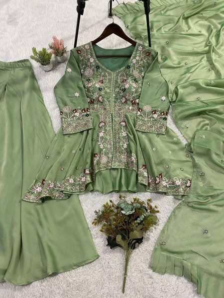 High Quality Pista Rangoli Silk Sequence Embroidered Top Pant Set with Sequence Dupatta Ready To Wear Collection