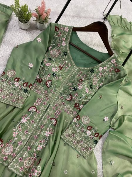 High Quality Pista Rangoli Silk Sequence Embroidered Top Pant Set with Sequence Dupatta Ready To Wear Collection