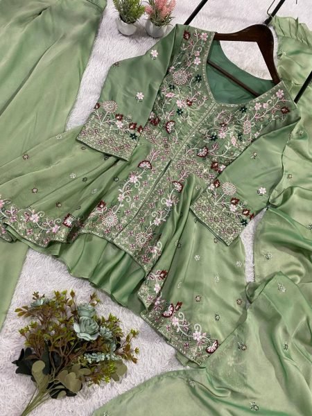 High Quality Pista Rangoli Silk Sequence Embroidered Top Pant Set with Sequence Dupatta Ready To Wear Collection