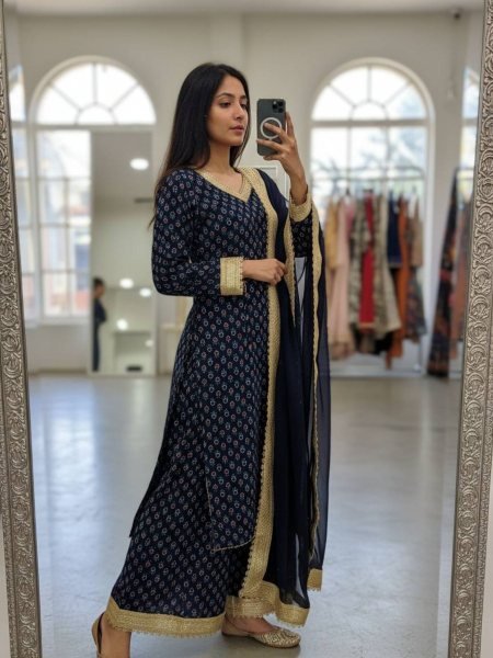 High Rank Blue Georgette Digital Print Kurti Plazzo Set Fancy Lace Work And Lace Border Dupatta Ready To Wear Suit