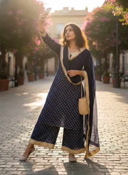 High Rank Blue Georgette Digital Print Kurti Plazzo Set Fancy Lace Work And Lace Border Dupatta Ready To Wear Collection