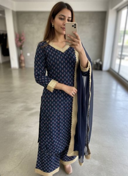 High Rank Blue Georgette Digital Print Kurti Plazzo Set Fancy Lace Work And Lace Border Dupatta Ready To Wear Collection