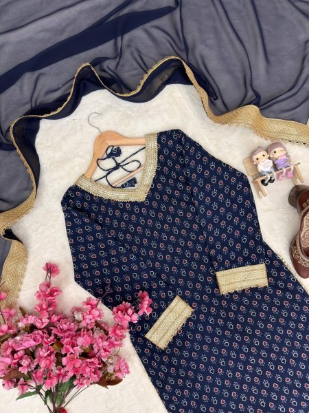 High Rank Blue Georgette Digital Print Kurti Plazzo Set Fancy Lace Work And Lace Border Dupatta Ready To Wear Collection