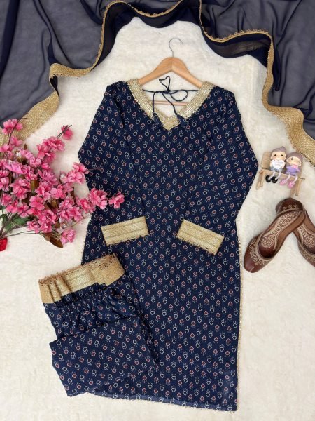 High Rank Blue Georgette Digital Print Kurti Plazzo Set Fancy Lace Work And Lace Border Dupatta Ready To Wear Collection