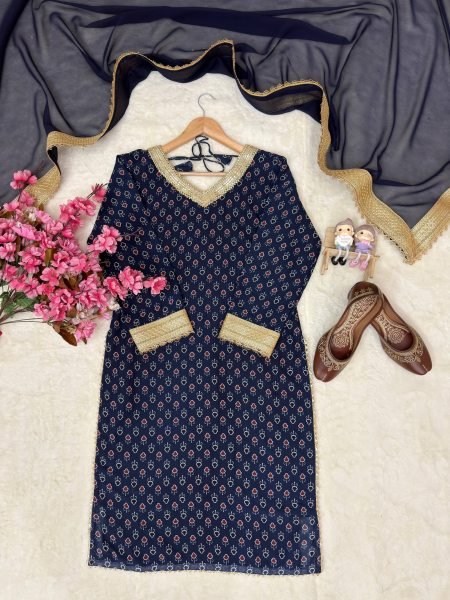 High Rank Blue Georgette Digital Print Kurti Plazzo Set Fancy Lace Work And Lace Border Dupatta Ready To Wear Collection